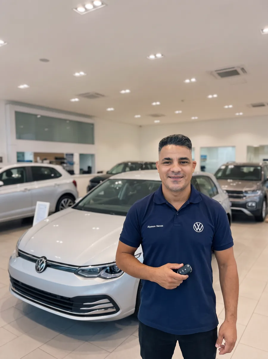 Alysson Neves, consultor Volkswagen, segurando a chave de um carro no showroom