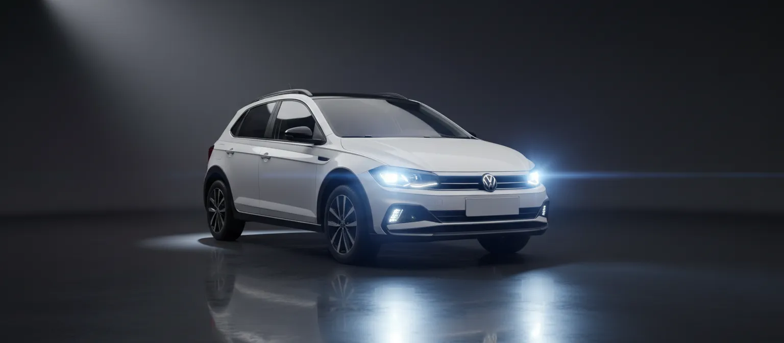 VW Polo Track branco pérola com faróis acesos